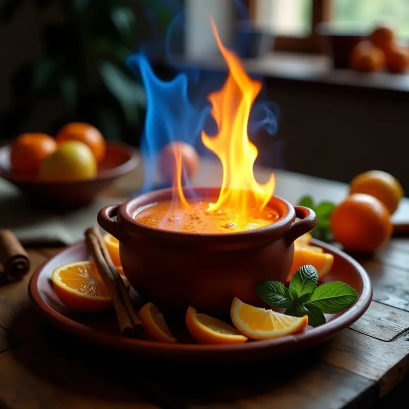 Cazuela de barro con queimada gallega humeante, preparada con hierbas, cáscaras de cítricos y canela, durante el ritual de fuego. Bebida tradicional española caliente.