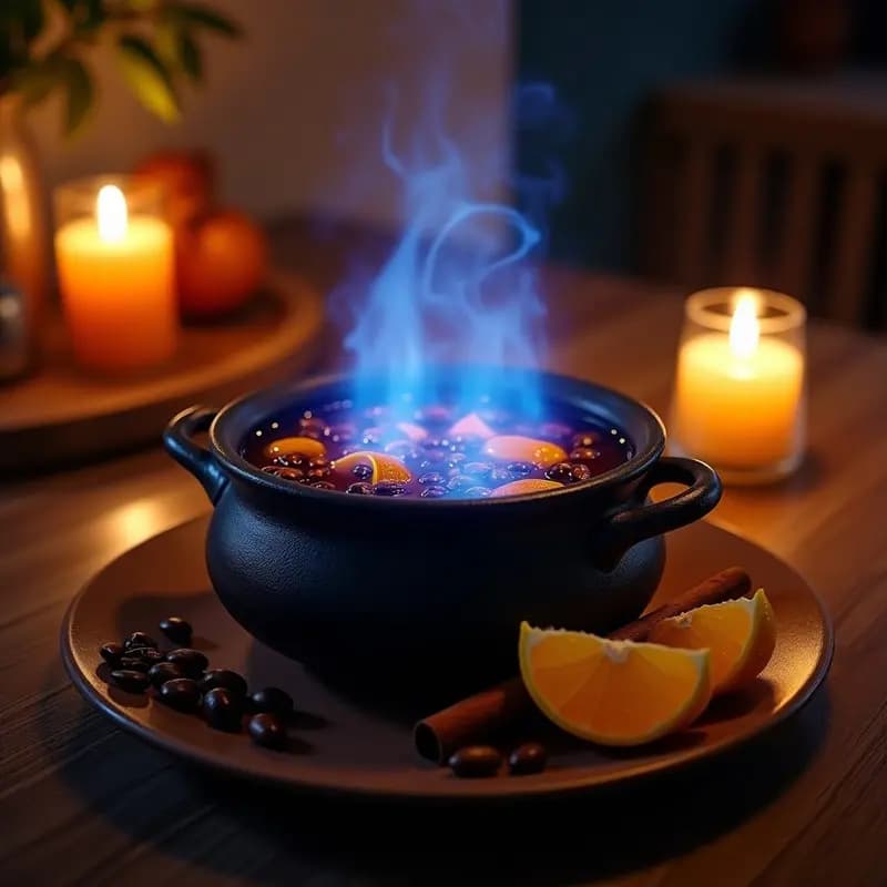 Cazuela de barro con queimada gallega humeante, rodeada de granos de café, cáscaras de naranja y limón, y una ramita de canela. Ritual de fuego en ambiente rústico y acogedor.