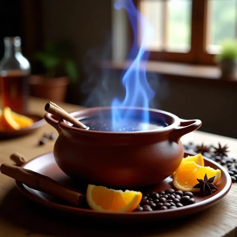 Cazuela de barro humeante con queimada gallega tradicional, llamas azules danzando sobre la superficie oscura de la bebida, rodeada de cáscaras de naranja, rama de canela y granos de café. Ambiente cálido y acogedor.