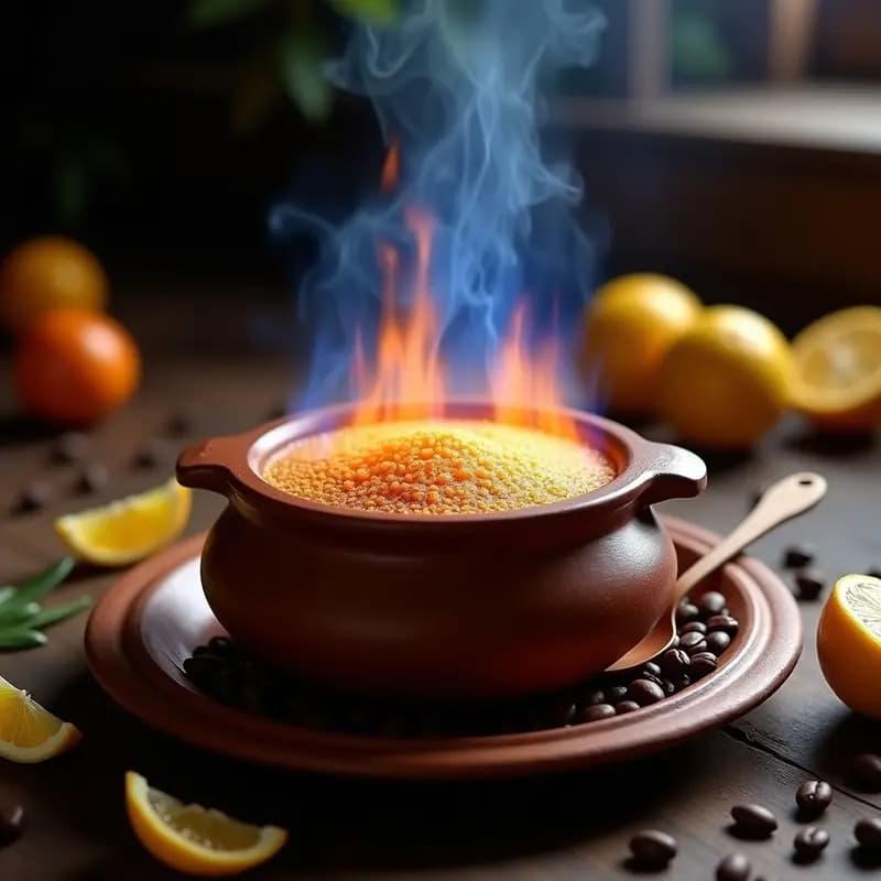 Cazuela de barro con queimada gallega flameada, humeante y dorada, rodeada de cáscaras de limón y naranja, granos de café y una cuchara de madera. Bebida tradicional caliente con azúcar y cítricos.