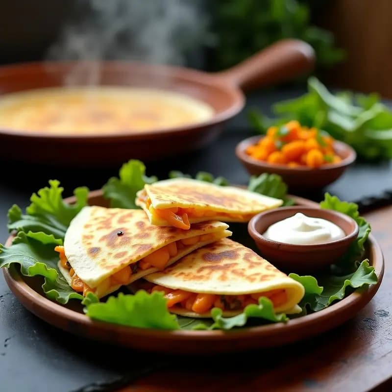 Quesadillas mexicanas doradas en comal, rellenas de flor de calabaza y queso Oaxaca fundido, con tortillas de maíz azul y epazote fresco.
