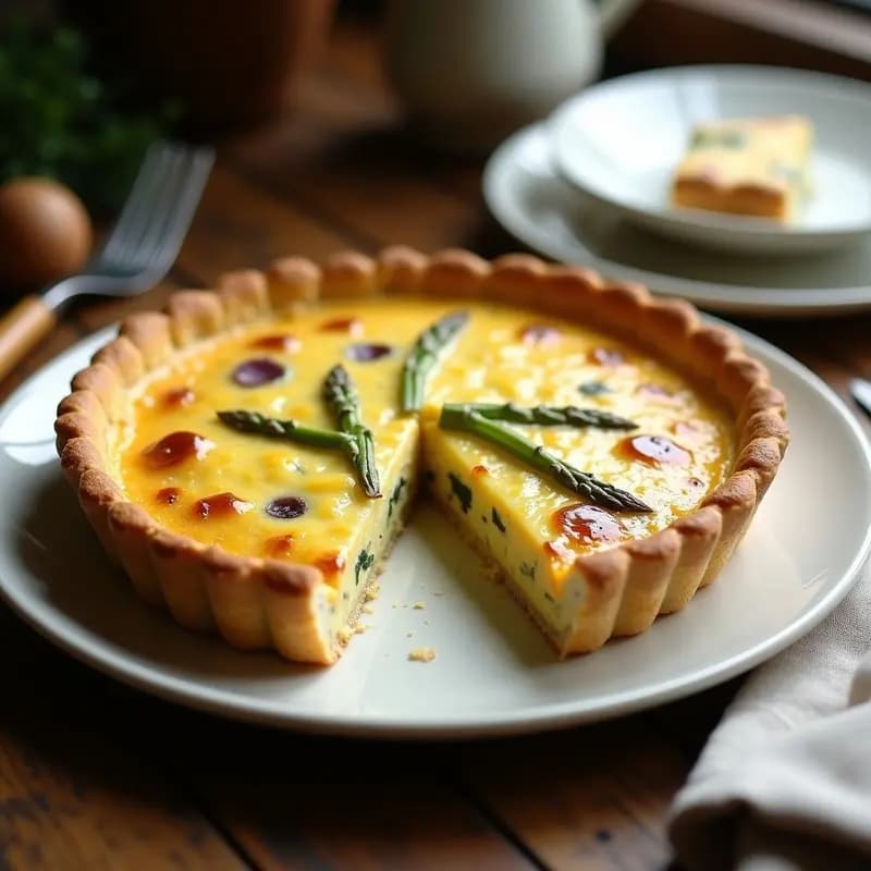 Quiche dorada de espárragos blancos y queso Gruyère en molde de tarta, con base crujiente y relleno cremoso, servida en plato rústico con un trozo cortado para mostrar su interior.
