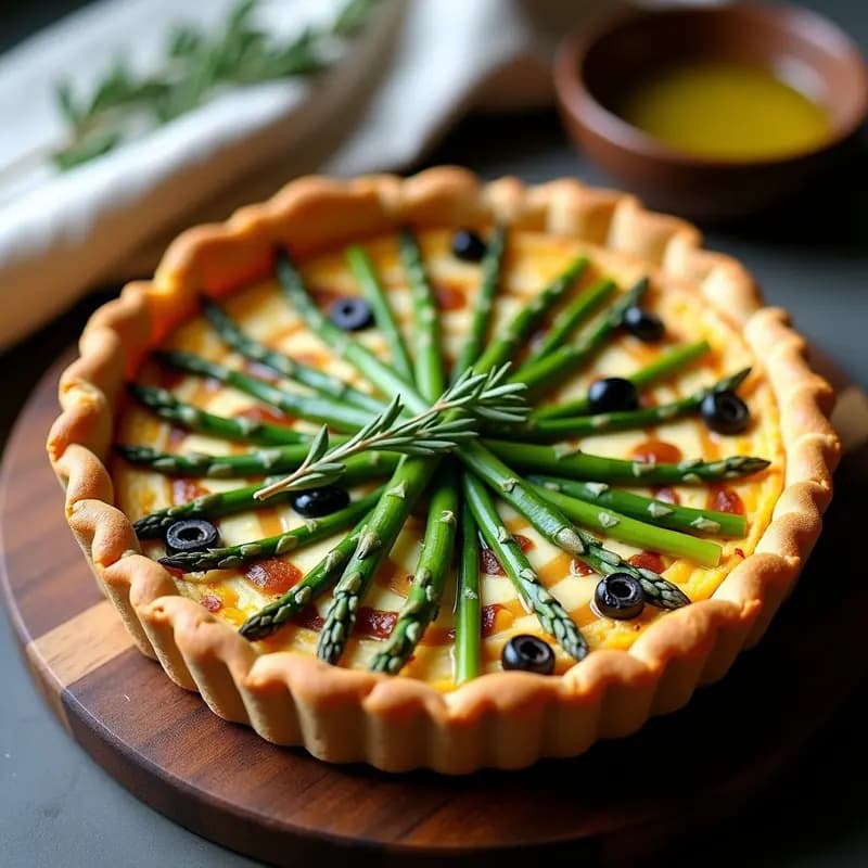 Quiche vegana francesa con base dorada de masa de garbanzo, rellena de espárragos verdes trinchados, queso de almendras cremoso y aceitunas negras, decorada con tomillo fresco sobre fondo rústico de madera.