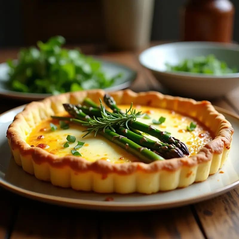 Quiche de espárragos y queso de cabra sin masa con base de patata dorada, servida en molde desmontable sobre tabla de madera rústica, acompañada de tomillo fresco y rodajas de espárragos verdes.