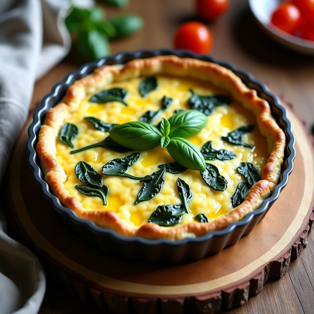 Quiche vegana sin horno con base dorada de coliflor y semillas, rellena de espinacas salteadas y queso de cashew cremoso, servida en molde desmontable sobre tabla de madera rústica.
