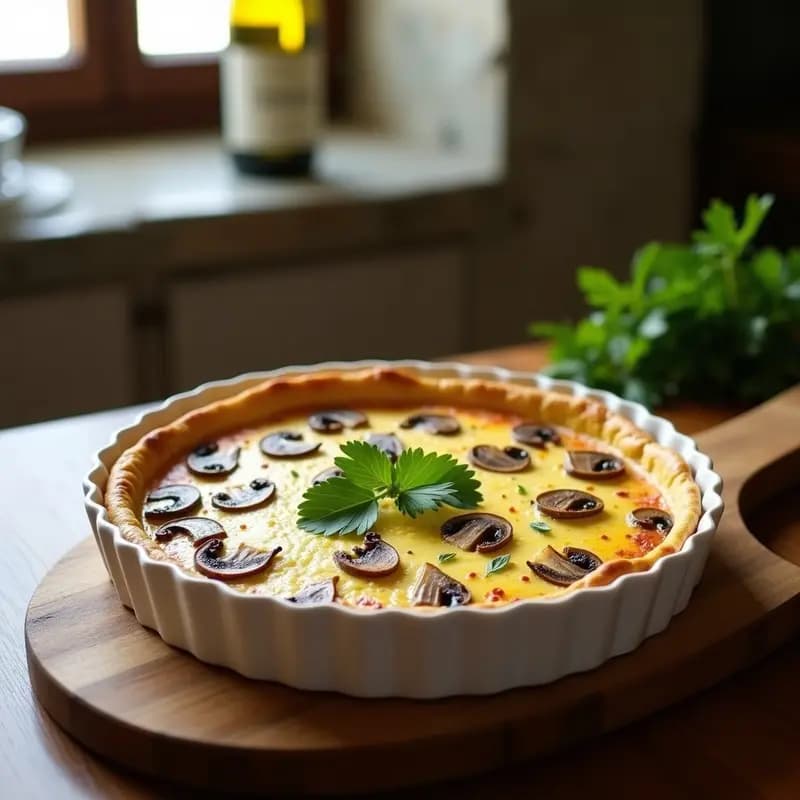 Quiche Lorraine vegana dorada en molde de cerámica, con superficie ligeramente crujiente y rellena de champiñones portobello salteados. Acompañada de perejil fresco y servida en tabla de madera rústica con fondo de cocina francesa.