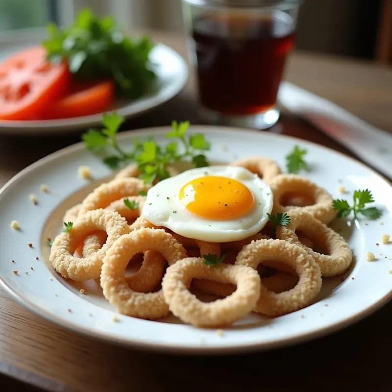 Plato blanco rústico con rabas de calamar doradas y crujientes, acompañadas de un cuenco de salsa alioli cremosa y gajos de limón fresco. Decorado con perejil picado sobre fondo de madera oscura, estilo aperitivo costero andaluz.