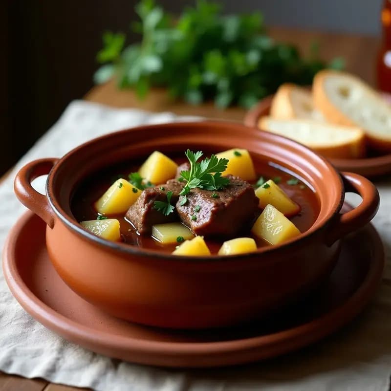 Cazuela de barro humeante con rabitos de cordero estofados y patatas doradas, bañados en una salsa espesa y aromática, decorado con perejil fresco. Plato tradicional cordobés servido en mesa rústica.