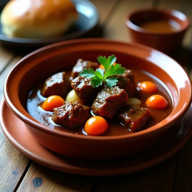 Plato hondo de barro con trozos tiernos de rabo de torro bañados en una salsa oscura y espesa, acompañado de zanahorias y cebolla. Receta tradicional andaluza de estofado en olla lenta.