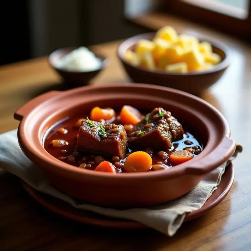 Cazuela de barro humeante con rabo de torro en salsa andaluz, trozos de carne de rabo de buey bañados en una salsa espesa de vino tinto, acompañados de zanahoria y cebolla. Plato tradicional español servido sobre fondo rústico de madera.
