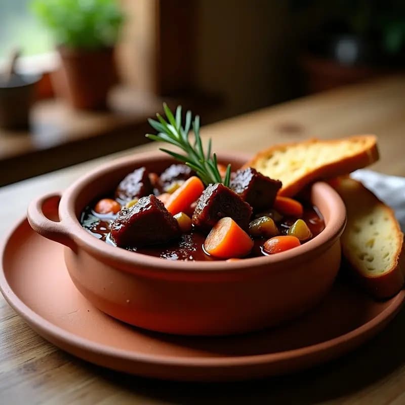 Cazuela de barro humeante con rabos de toro estofados, receta andaluza de carne lenta y melosa, bañados en salsa espesa de vino tinto, acompañados de zanahoria y apio. Plato tradicional español servido en mesa rústica.