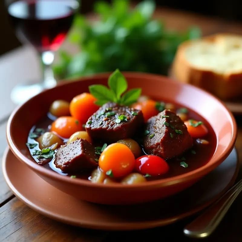 Plato hondo de barro con rabos de toro estofados en salsa oscura de vino tinto, acompañados de zanahorias y patatas. Guiso cordobés tradicional en olla lenta, servido con pan rústico para mojar.