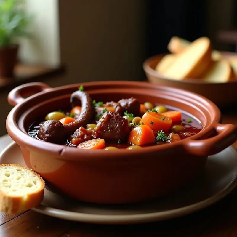 Olla de barro con rabos de toros estofados con vino tinto, bañados en salsa espesa y oscura, acompañados de zanahorias y cebolla. Plato tradicional andaluz de fiestas.