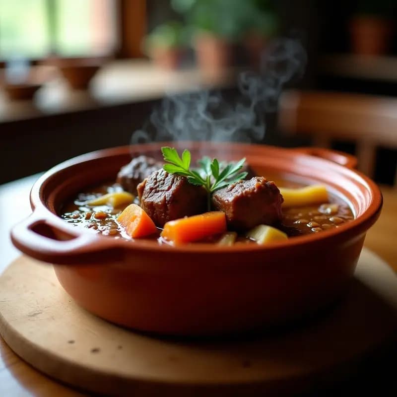 Plato hondo de barro con rabos de toro estofados cordobeses, trozos de carne tierna bañados en un caldo espeso y oscuro, acompañados de zanahorias y cebolla. Fondos de cocina tradicional española.