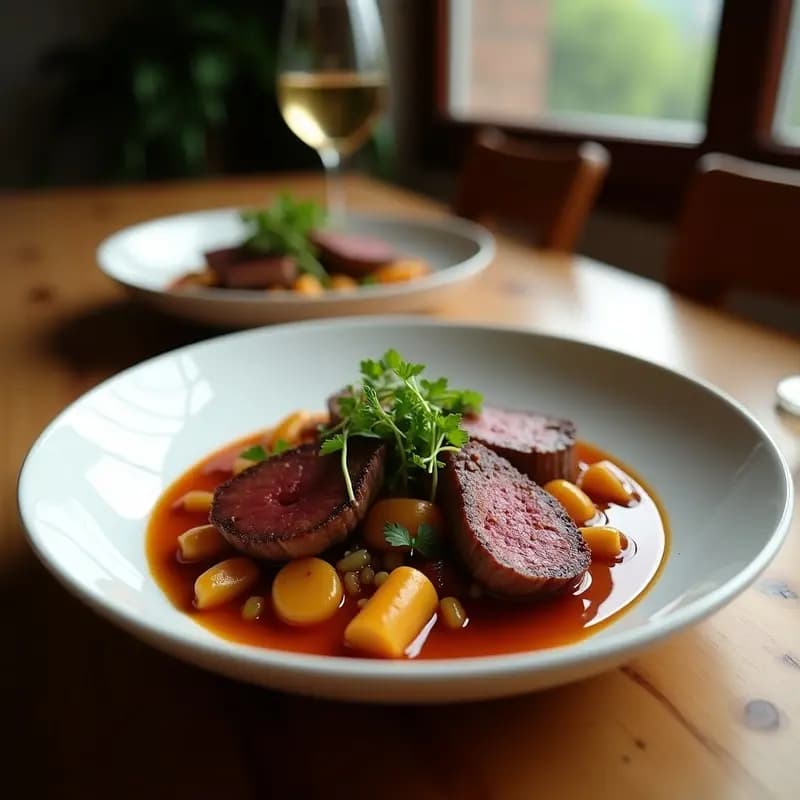 Cazuela de barro humeante con rabos de torrea estofados, carne tierna desprendida del hueso y salsa espesa de color oscuro. Acompañados de zanahorias y cebolla, sobre fondo rústico de madera.