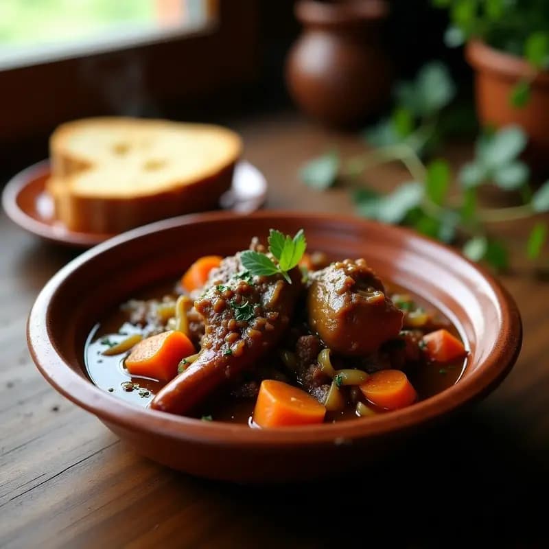 Plato hondo de barro con rabos de torrea en salsa espesa, acompañados de zanahorias y cebolla. El guiso tiene un color marrón intenso y brillo característico de la salsa reducida. Al fondo, pan rústico para mojar.