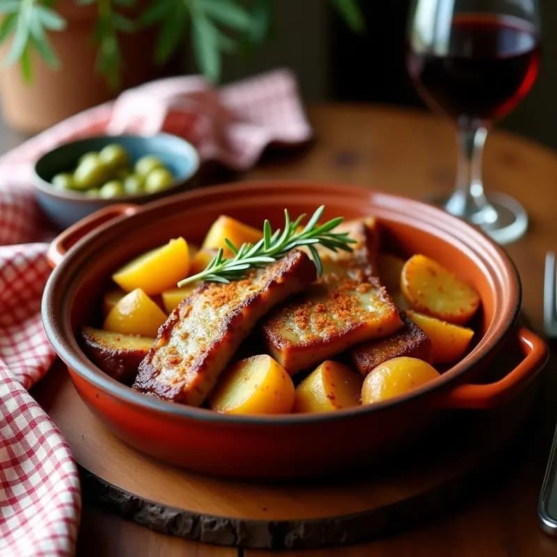 Cazuela de barro con rabos de torrezno dorados y patatas panaderas en rodajas, cocinadas con cebolla y especias, receta tradicional de aprovecho española.