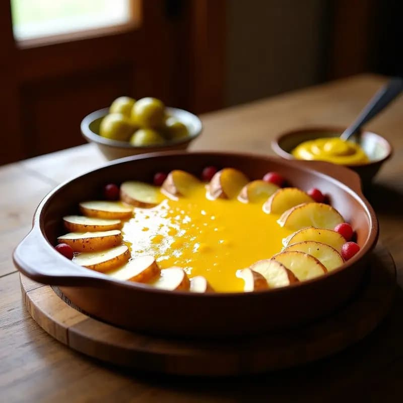 Fuente de barro con raclette suiza: queso fundido dorado y burbujeante cubriendo rodajas de patatas kennebec, acompañado de pepinillos en vinagre, cebollitas pearl y mostaza Dijon. Plato tradicional alpino servido en mesa rústica de madera.