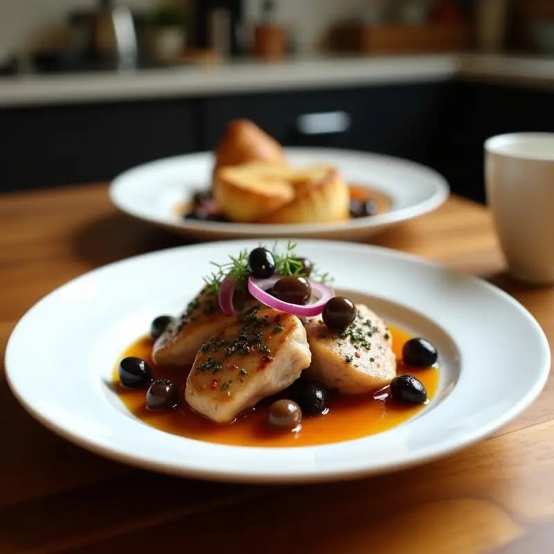 Plato hondo de barro con ragout de conejo en salsa espesa oscura, aceitunas Kalamata enteras, hierbas frescas y un chorrito de aceite de oliva. Estilo rústico griego con fondo de madera.