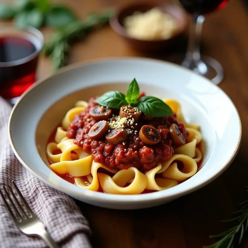 Plato hondo de cerámica blanca con ragú de hongos portobello y seitán en salsa espesa y oscura, servido sobre una cama de pasta fresca. Decorado con hojas de albahaca fresca y virutas de levadura nutricional. Fondos de cocina rústica con luz cálida.