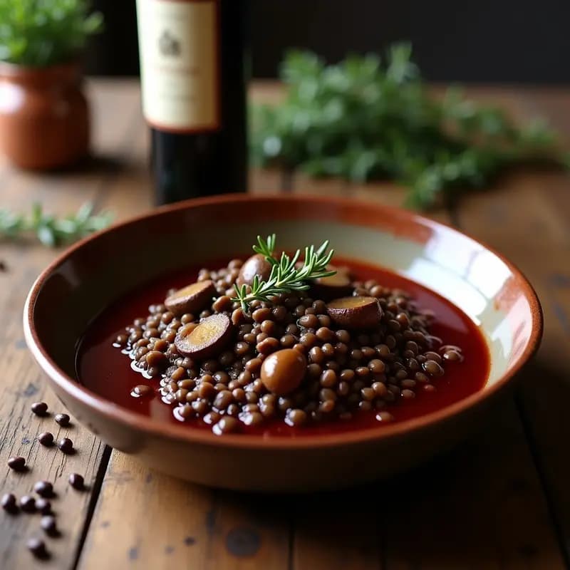 Plato hondo de cerámica oscura con ragú de lentejas beluga y hongos en salsa de vino tinto, decorado con ramitas de tomillo fresco y un chorrito de aceite de oliva. Fondos borrosos de una cocina rústica francesa.