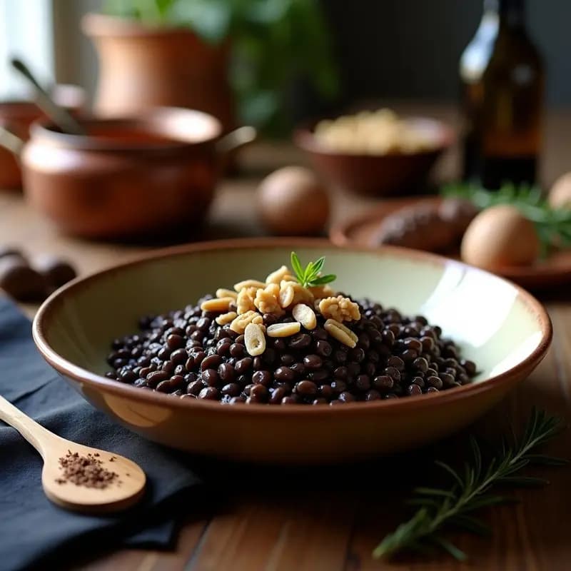 Plato hondo de barro con ragú de lentejas negras brillantes, salpicado de trufa negra rallada y nueces picadas, decorado con una rama de romero fresco.