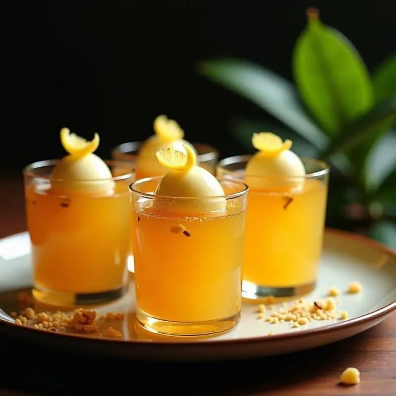 Rambután pelado en almíbar dorado con rodajas de jengibre y cáscara de limón, servido en un bol de porcelana blanca sobre mesa de madera rústica. Postre asiático exótico y refrescante.