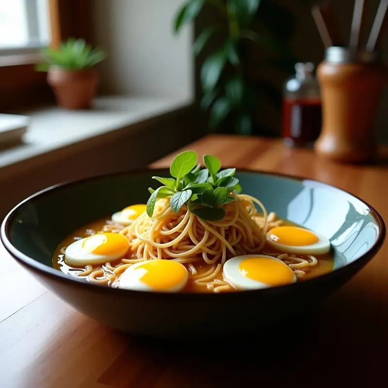 Cuenco transparente con ramen frío de aguacate y huevos de codorniz: fideos de arroz sumergidos en caldo dashi frío, crema de aguacate verde en el centro, huevos de codorniz marinados cortados por la mitad, decorados con rábanos, algas nori, cebollino y sésamo tostado. Presentación gourmet y fotogénica para redes sociales.
