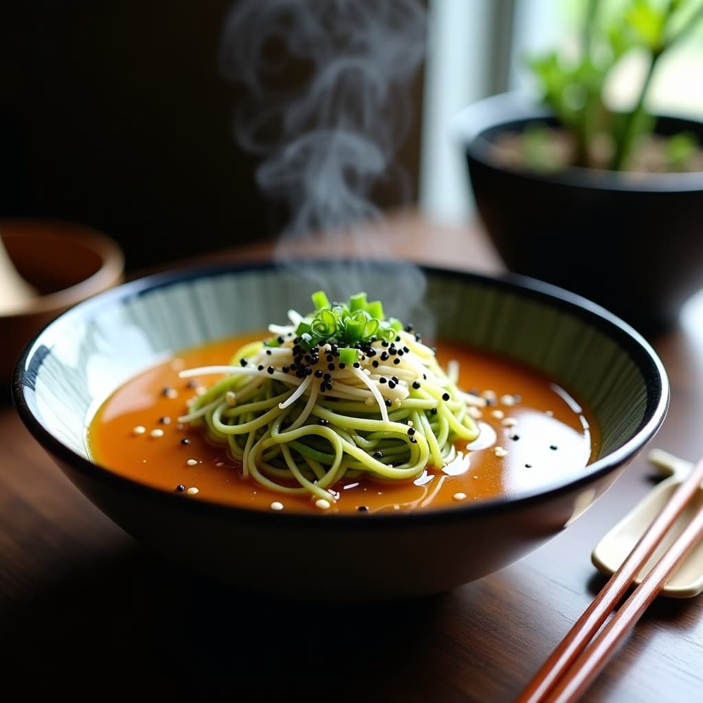 Bowl de ramen vegano japonés con fideos de calabacín espiralizados, brotes de soja frescos y semillas de sésamo tostadas, bañado en un caldo umami dorado. Decorado con cebollino picado y un chorrito de aceite de sésamo.