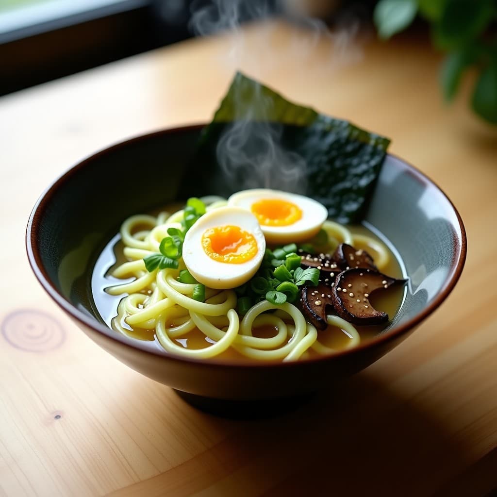 Bol hondo japonés con ramen de calabacín en tiras finas, huevo marinado partido por la mitad, algas nori troceadas, champiñones portobello y cebollino. Caldo dorado y espeso con semillas de sésamo tostadas por encima. Receta japonesa baja en calorías.