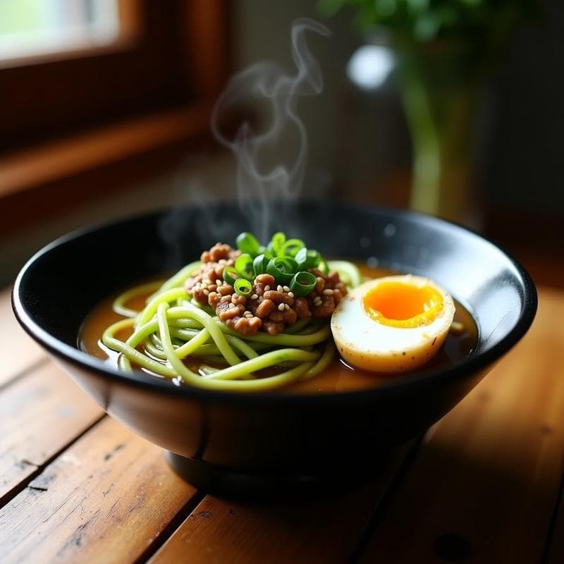 Cuenco hondo negro con ramen keto de calabacín en tiras verdes, champiñones shitake dorados, huevo marinado partido por la mitad y semillas de sésamo. Fondo de madera rústica con cebollino fresco espolvoreado.