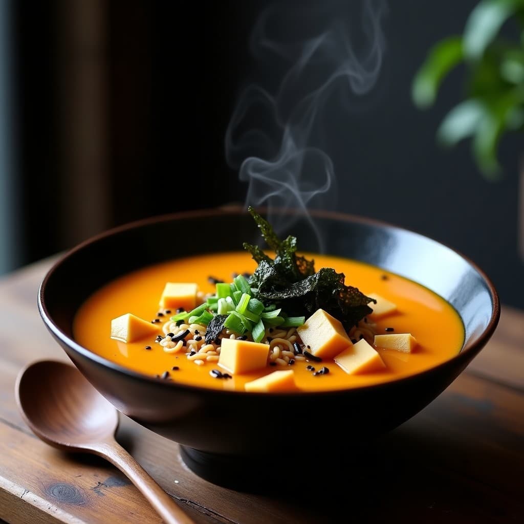 Bowl negro de ramen keto con caldo cremoso de calabaza butternut, cubos de tofu ahumado dorado, tiras de alga nori, semillas de sésamo negro y cebollino fresco, servido con cuchara de madera sobre fondo rústico.