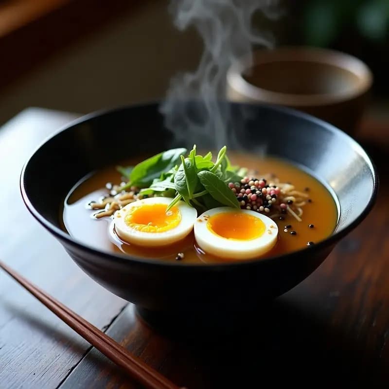Cuenco hondo de cerámica negra con ramen de caldo de huesos dorado, fideos de trigo sarraceno, huevos de codorniz, espinacas baby, cebollino y semillas de sésamo negro. Plato japonés inmunoestimulante con hongo reishi.