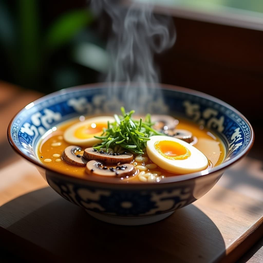 Bowl de ramen keto con caldo de huesos dorado, fideos de konjac translúcidos, huevo marinado cortado por la mitad mostrando yema cremosa, hongos shiitake en láminas, brotes de soja y semillas de sésamo negro. Espolvoreado con cebollino fresco y un hilo de aceite de sésamo brillante.