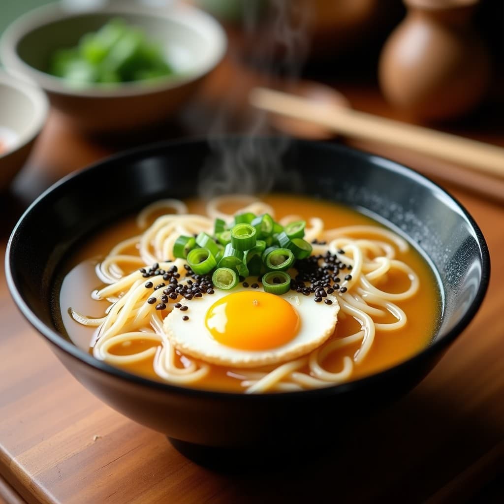 Bol de cerámica negra con ramen keto japonés: caldo de huesos dorado y espeso, fideos de konjac blancos, huevo poché con yema líquida, espolvoreado con cebollino, semillas de sésamo negro y un hilo de aceite de sésamo tostado. Fondo borroso con utensilios de cocina tradicionales.