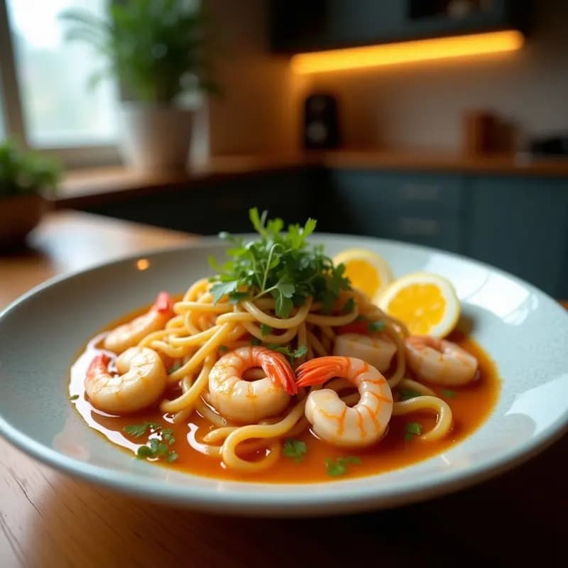Cuenco hondo de cerámica negra con ramen de camarones y cítricos, caldo dorado espumoso con trozos de camarones tigre, huevo marinado cortado por la mitad, hongo shiitake, alga nori, brotes de soja y semillas de sésamo negro. Decorado con cebollino picado y un hilo de aceite de sésamo.