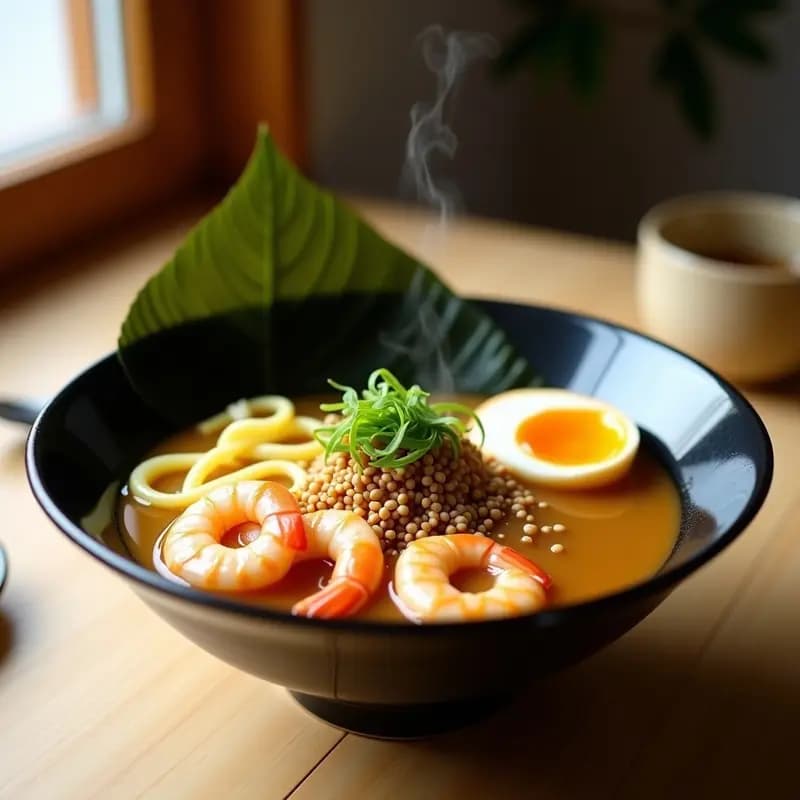 Cuenco hondo de cerámica negra con ramen de camarones y miso blanco, caldo dorado espeso, fideos ramen, camarones rosados, brotes de bambú amarillos, medio huevo campero con yema cremosa, algas nori oscuras y semillas de sésamo blancas. Decorado con cebolla verde picada y chile rojo en polvo. Fondo de madera rústica con palillos japoneses.