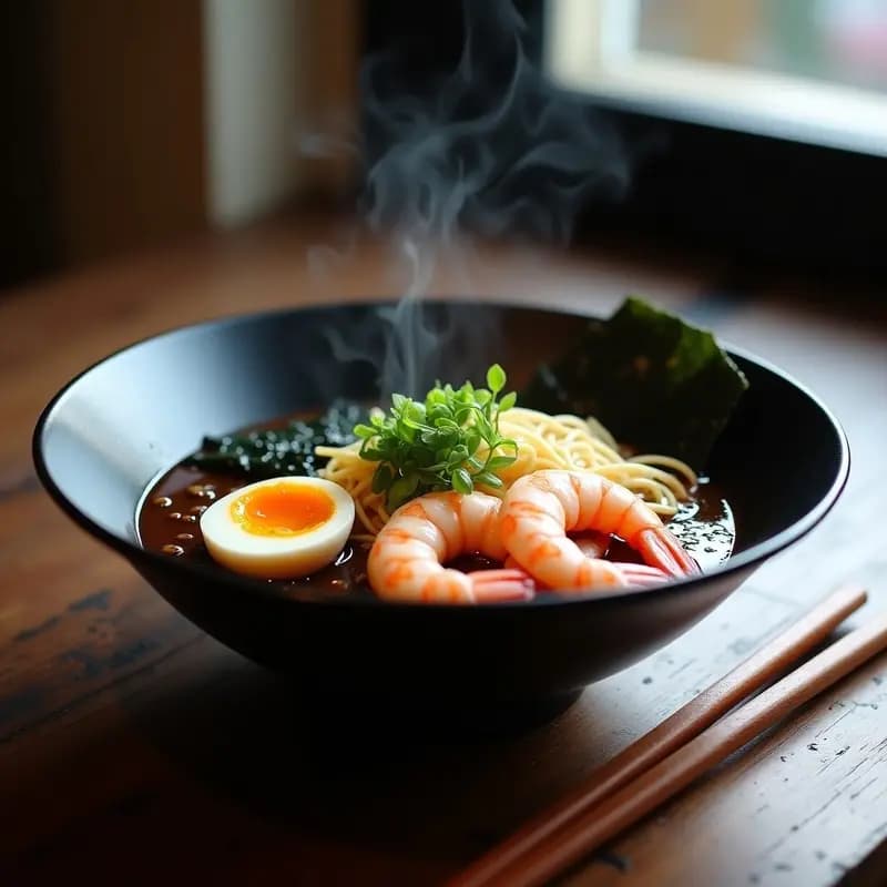 Bowl hondo de cerámica negra con ramen de camarones al miso negro, caldo oscuro y espumoso, camarones rosados, fideos amarillos, brotes de soja, huevo de codorniz, algas nori y cebollino. Plato de cocina japonesa fusion con umami intenso.