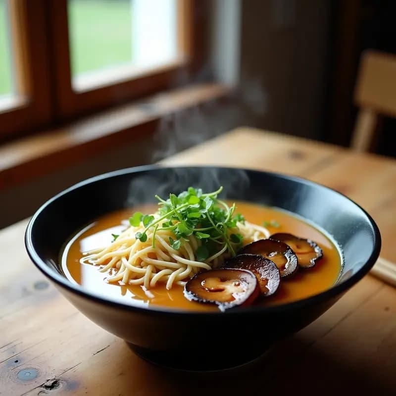 Bowl de ramen japonés vegano con caldo dorado, champiñones portobello en láminas, fideos ramen, brotes de soja frescos, semillas de sésamo negras y cebollino picado. Plato tradicional japonés adaptado a dieta vegana.