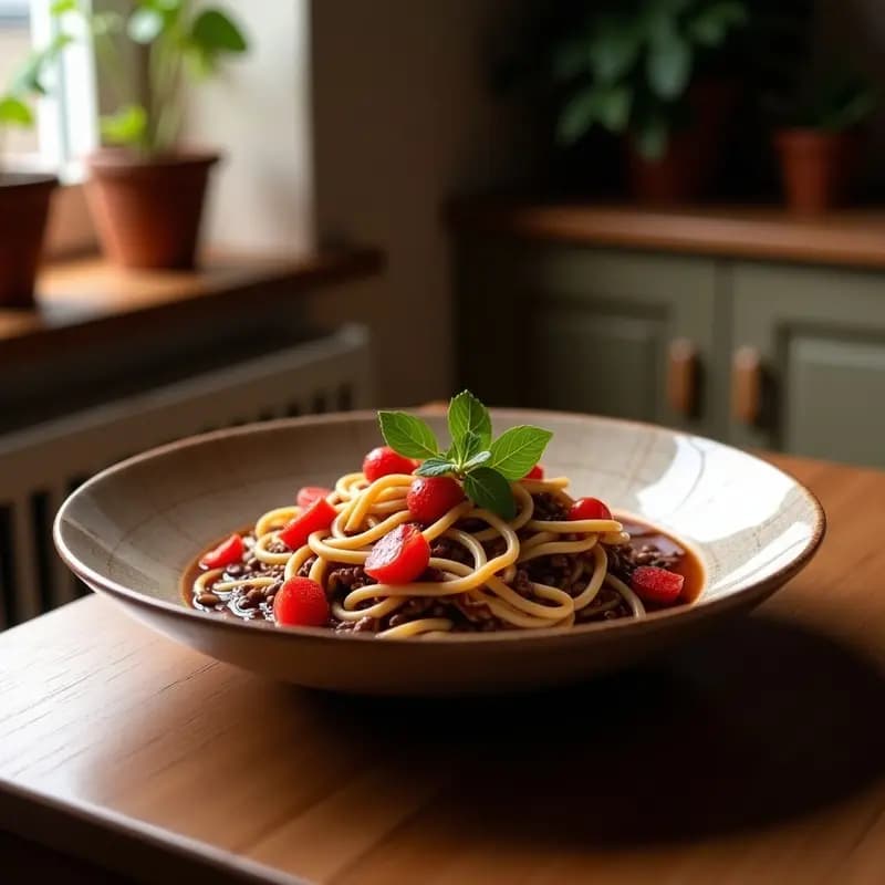 Cuenco negro hondo con ramen de chocolate caliente, fideos de mascarpone cremosos sumergidos en un caldo espeso de chocolate, decorado con frutos rojos frescos, miel y cacao en polvo. Bebida postre italiana innovadora y fotogénica.