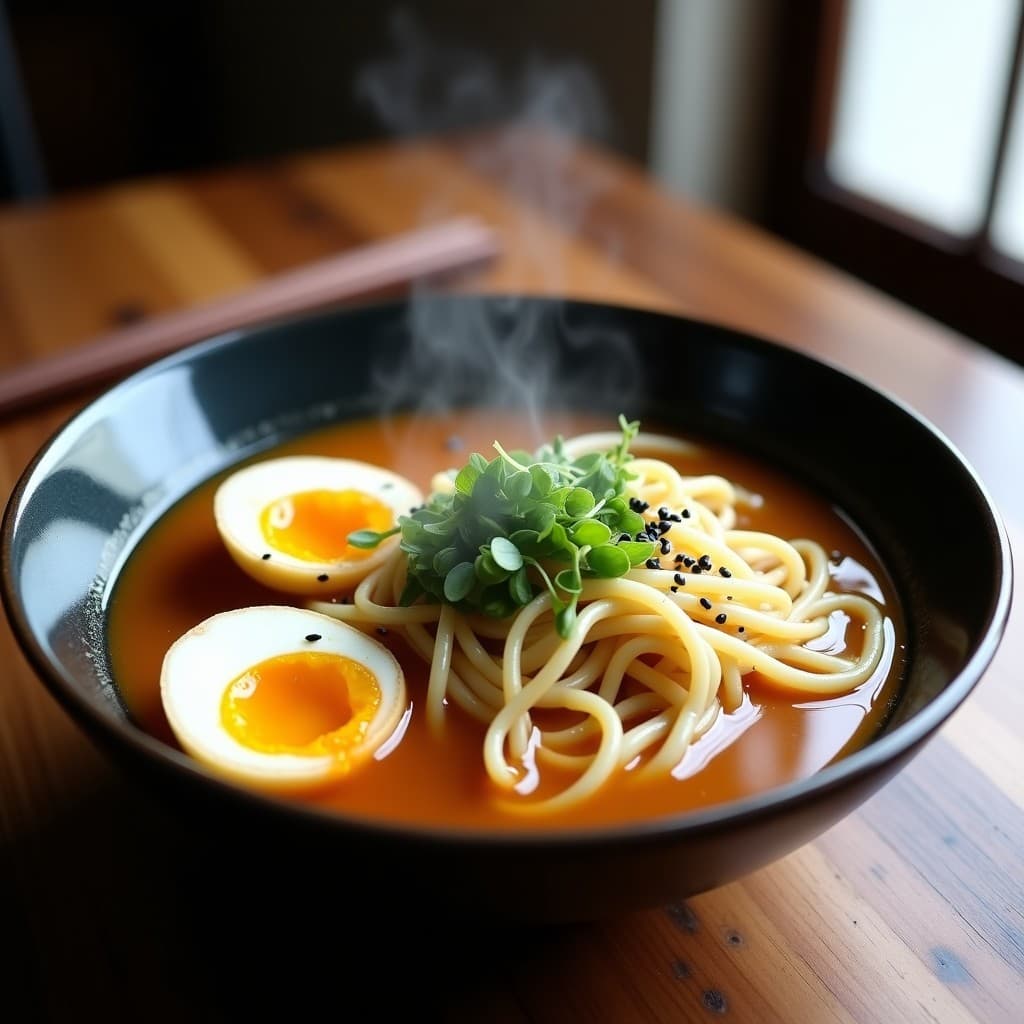 Bowl de ramen keto con fideos de coliflor dorados, hongos shimeji brillantes, huevo camelina líquido, algas nori y semillas de sésamo negro sobre caldo dorado y humeante.