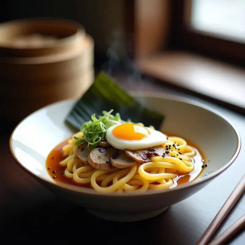 Cuenco hondo de cerámica negra con ramen vegano de espagueti de calabaza amarilla espiralizada, huevo pochado con yema líquida, brotes de soja, espinacas baby y algas nori. Caldo dorado umami con semillas de sésamo negro y pimienta de Sichuan espolvoreadas. Receta japonesa rápida y saludable.