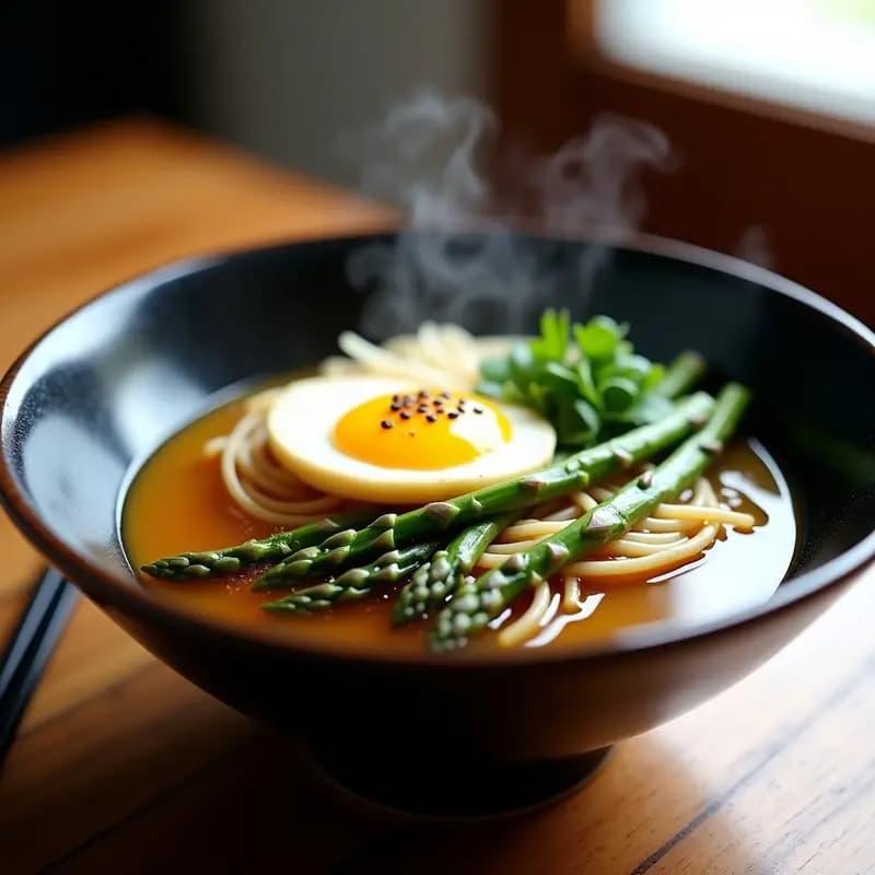 Bowl de ramen vegano con caldo umami dorado, fideos de trigo sarraceno, espárragos trigueros salteados, huevo marinado vegano de tofu sedoso, brotes de soja frescos, semillas de sésamo negro y cebollino picado.