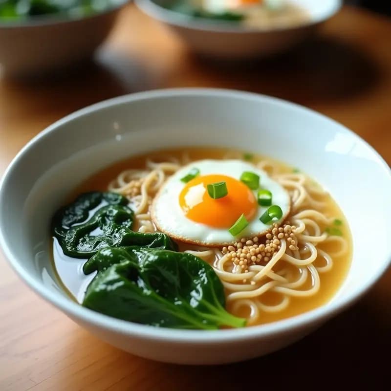 Bowl de ramen japonés ligero con caldo cremoso de miso blanco y leche de coco, fideos finos, espinacas frescas, huevo poché con yema líquida, brotes de soja, cebolla verde picada y semillas de sésamo negro. Plato colorido y apetitoso sobre fondo minimalista.