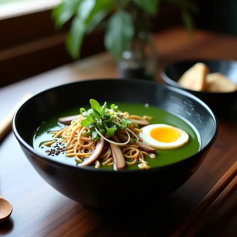 Cuenco hondo negro con ramen vegano de espirulina y champiñones shitake, caldo verde esmeralda, fideos de arroz integral, huevo de lino cremoso, brotes de soja y cebollino fresco, sobre fondo de madera oscura con cucharón de bambú.