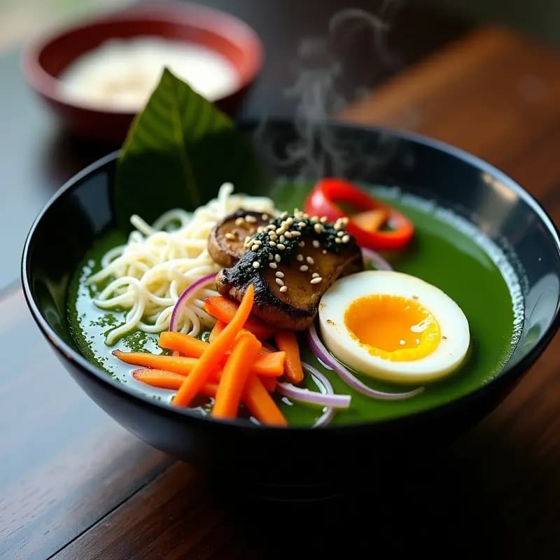 Bol hondo negro con ramen de espirulina: caldo verde esmeralda, fideos de arroz blancos, huevo marinado cortado por la mitad mostrando yema cremosa, vegetales coloridos (zanahoria, pimiento, cebolla morada) y semillas de sésamo tostadas. Decorado con tiras de nori. Receta vegana de inspiración japonesa, fotogénica y viral.