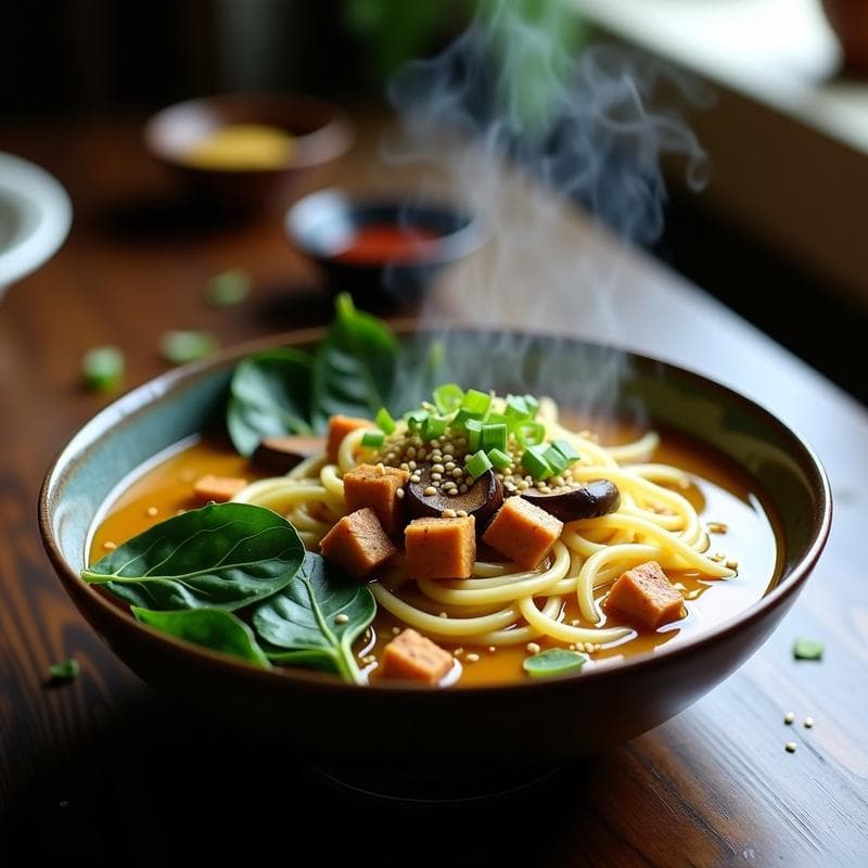 Bowl de ramen vegano con fideos de calabacín espiralizados, tempeh dorado, champiñones, espinacas y semillas de sésamo, bañado en caldo de miso humeante, servido en cuenco negro sobre fondo de madera rústica.