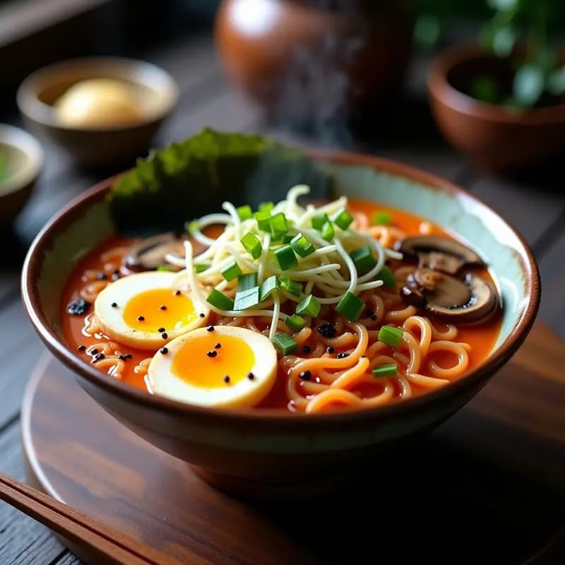Bowl de ramen vegano con fideos de lenteja roja, huevo poché de tofu sedoso, shitakes dorados y brotes de soja, bañado en caldo de miso y jengibre, decorado con cebollino, semillas de sésamo negro y alga nori.
