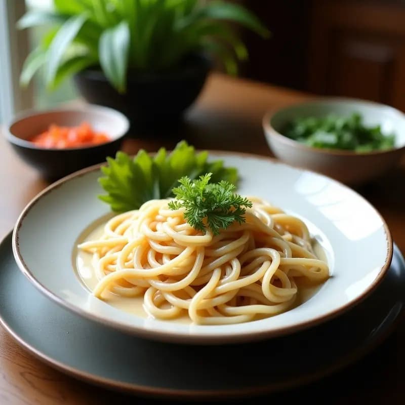 Bowl hondo de cerámica blanca con ramen frío de fideos de konjac transparentes, bañados en un caldo cremoso de leche de coco y limón, decorado con juliana de pepino, zanahoria, brotes de soja, cebollino, cacahuetes triturados y semillas de sésamo negro. Hielo picado y hoja de hierba limón al lado. Plato colorido, fresco y con texturas contrastadas, ideal para redes sociales.