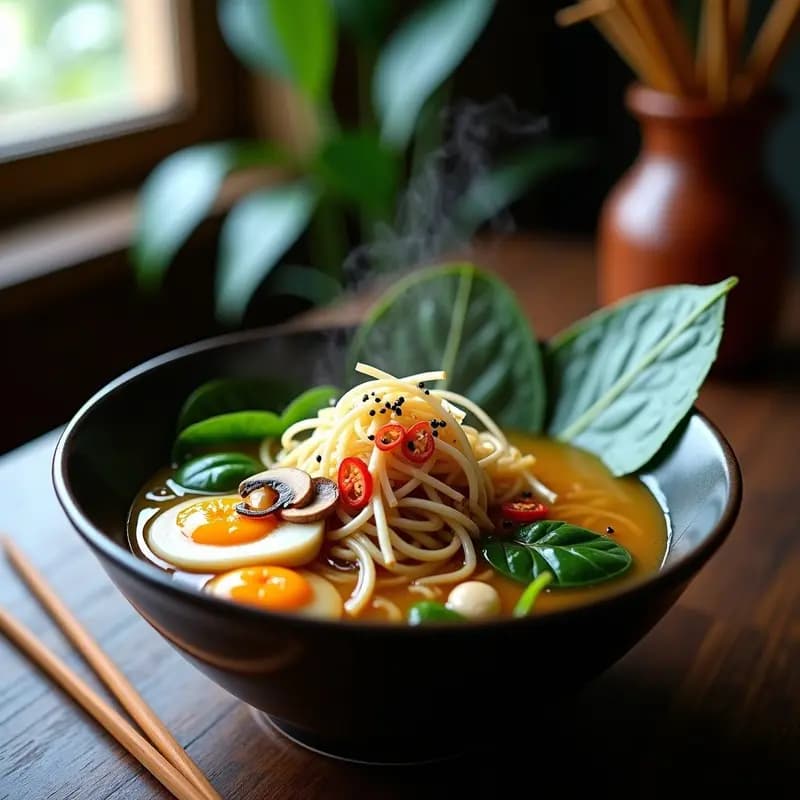 Bowl de ramen vegano con caldo dorado, fideos de arroz integral, hongos shitake laminados, espinacas frescas, brotes de soja y semillas de sésamo negro, decorado con chile rojo en rodajas y un hilo de aceite de sésamo tostado.